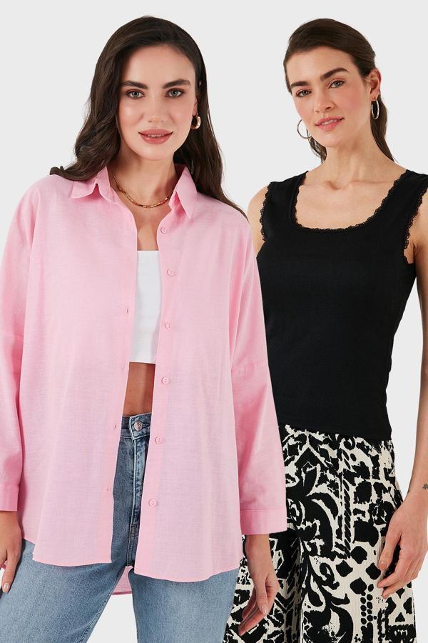 Lela Streç Pamuklu Oversize Fit 2' li Paket Bayan Gömlek-Atlet Set 67810014979S2 Pembe-Siyah - Image 1
