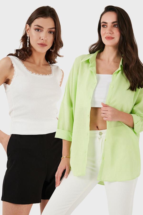 Lela Streç Pamuklu Oversize Fit 2' li Paket Bayan Gömlek-Atlet Set 67810014979S2 Fıstık Yeşil-Ekru - Image 1