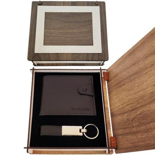 Dekoratif Ahşap Kutulu Hediyelik Anahtarlık ve Cüzdan Set - Image 1