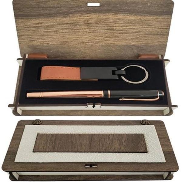 Ahşap Kutulu Set Bakır Roller Kalem ve Anahtarlık - Image 1