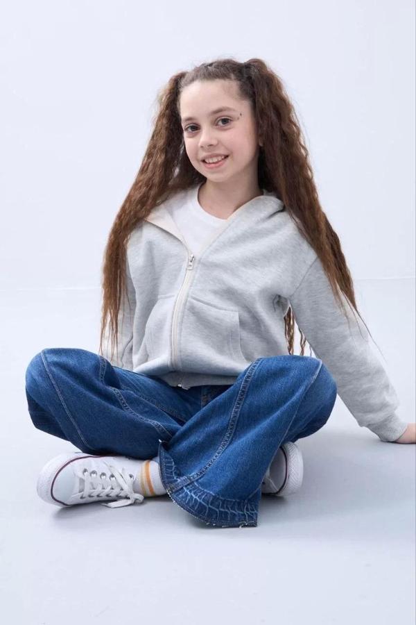 Kız Çocuk Kapüşonlu Kanguru Çepli Tam Fermuarlı Hırka SweatShirt - Gri - Image 1