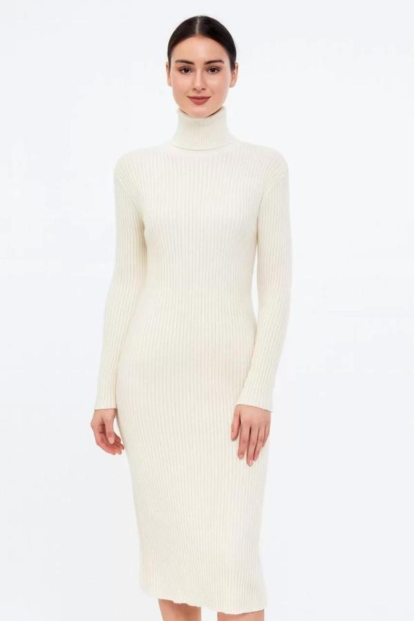 Kadın Boğazlı Uzun Fitilli Triko Dokuma Elbise - Beyaz - Image 1