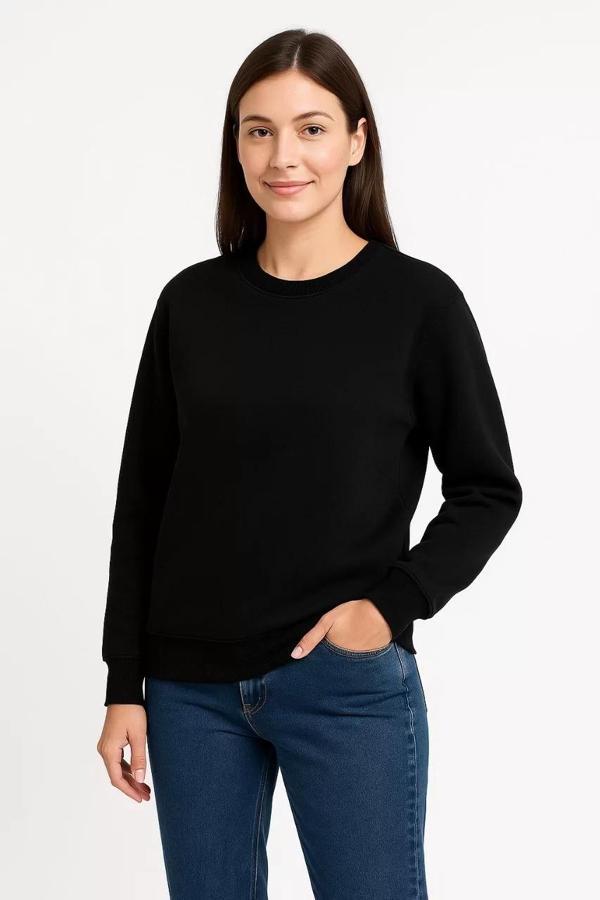 Kadın Üç İplik Düz Bisiklet Yaka SweatShirt  - Siyah - Image 1