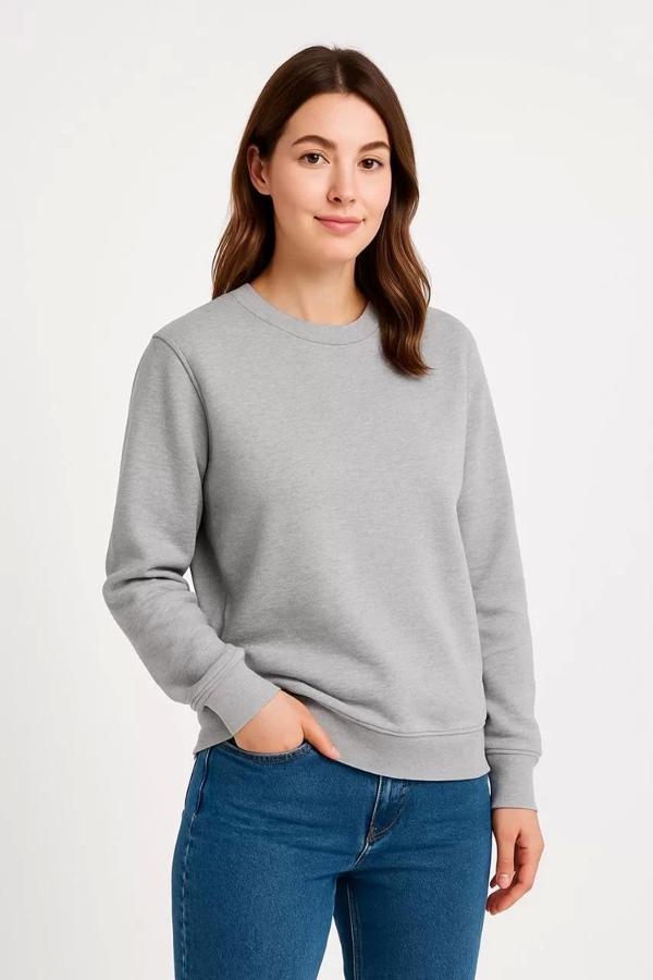 Kadın Üç İplik Düz Bisiklet Yaka SweatShirt - Gri - Image 1
