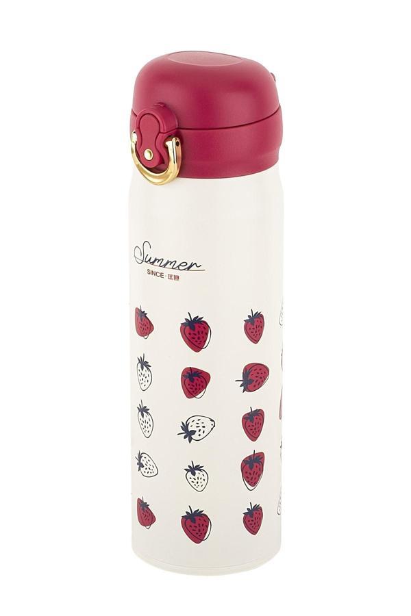 Tantitoni Okadı Beyaz Çilek Desenli Paslanmaz Çelik Termos 450Ml - Image 1