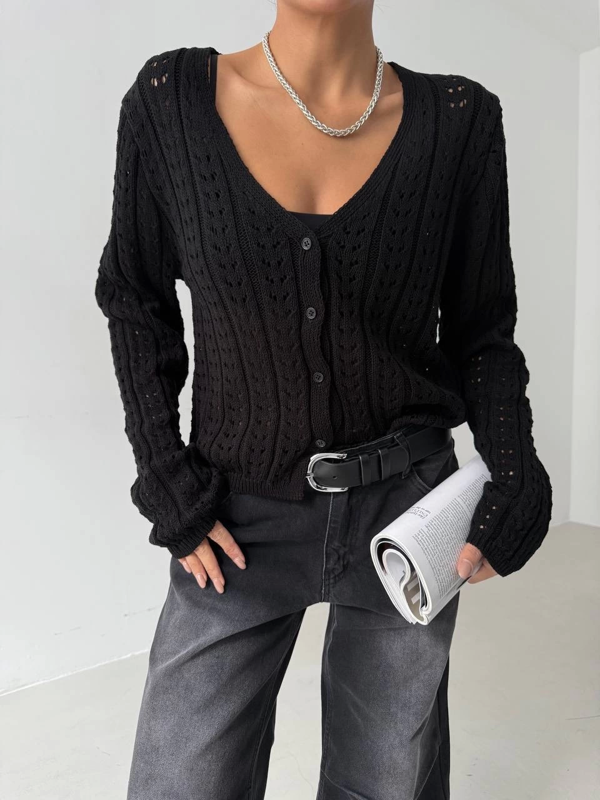 Küçük düğmeli küçük örgülü triko hırka siyah - Image 1