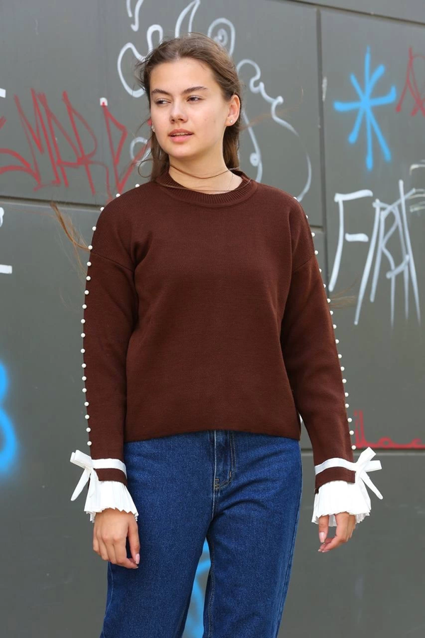 Boncuklu bile detaylı kazak kahve - Image 1