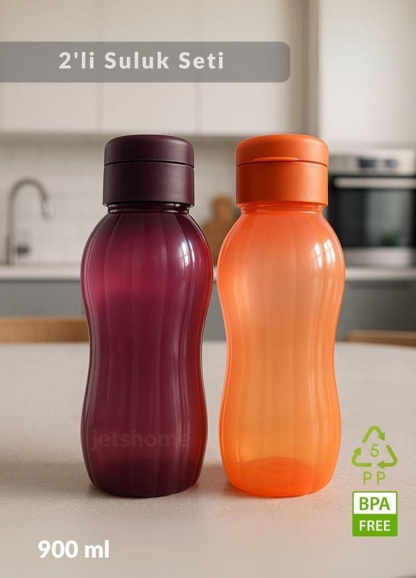 Suluk 2'li Set Su Şişesi BPA Free Okul Suluğu PP-5 Suluk Spor Okul Ofis Suluğu Mürdüm-Turuncu 900 ml - Image 1