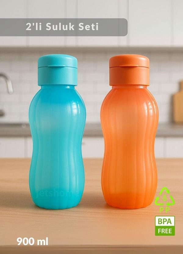 Suluk 2'li Set Su Şişesi BPA Free Okul Suluğu PP-5 Suluk Spor Okul Ofis Suluğu Mavi-Turuncu 900 ml - Image 1