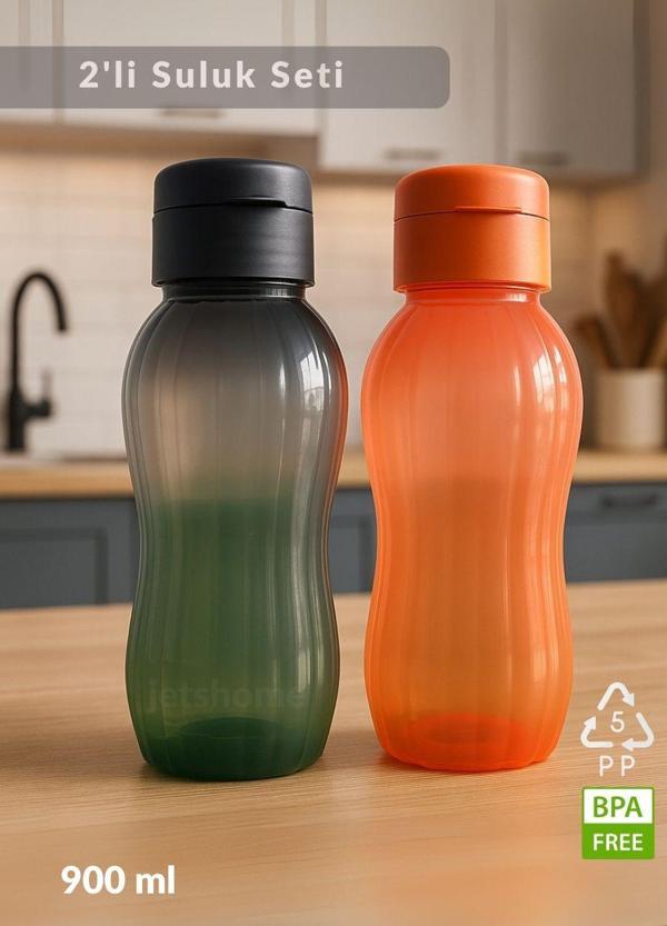Suluk 2'li Set Su Şişesi BPA Free Okul Suluğu PP-5 Suluk Spor Okul Ofis Suluğu Siyah-Turuncu 900 ml - Image 1