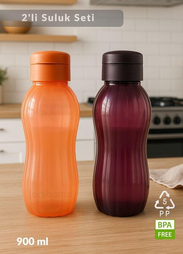 Suluk 2'li Set Su Şişesi BPA Free Okul Suluğu PP-5 Suluk Spor Okul Ofis Suluğu Mürdüm-Turuncu 900 ml - Image 1