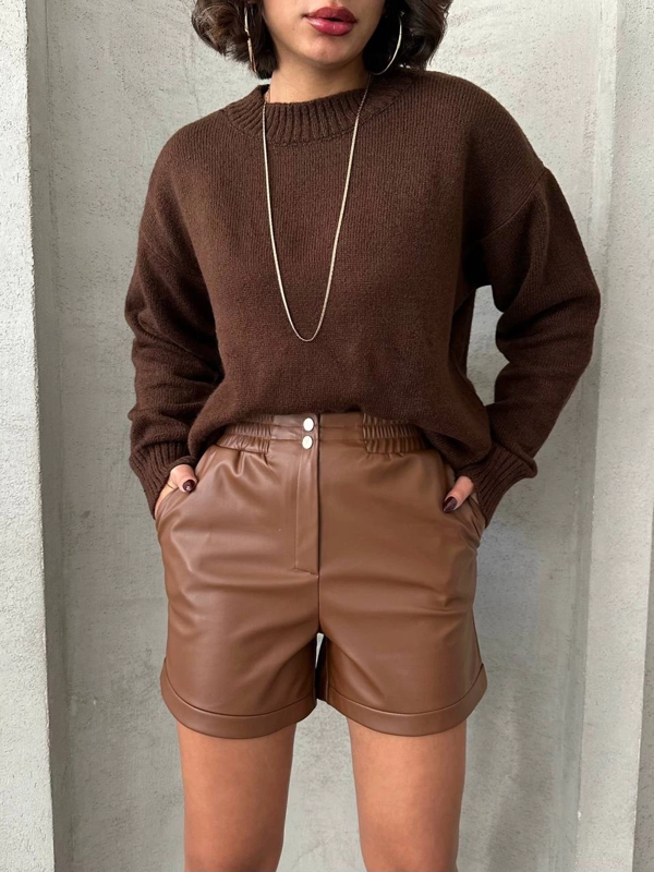 Beli lastikli çıtçıtlı deri şort kahve w241007 - Image 1