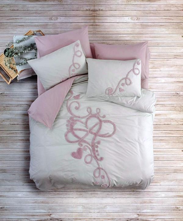 Cotton Box Puff Nakışlı Çift Kişilik Nevresim Takımı-Bellini Pembe - Image 1