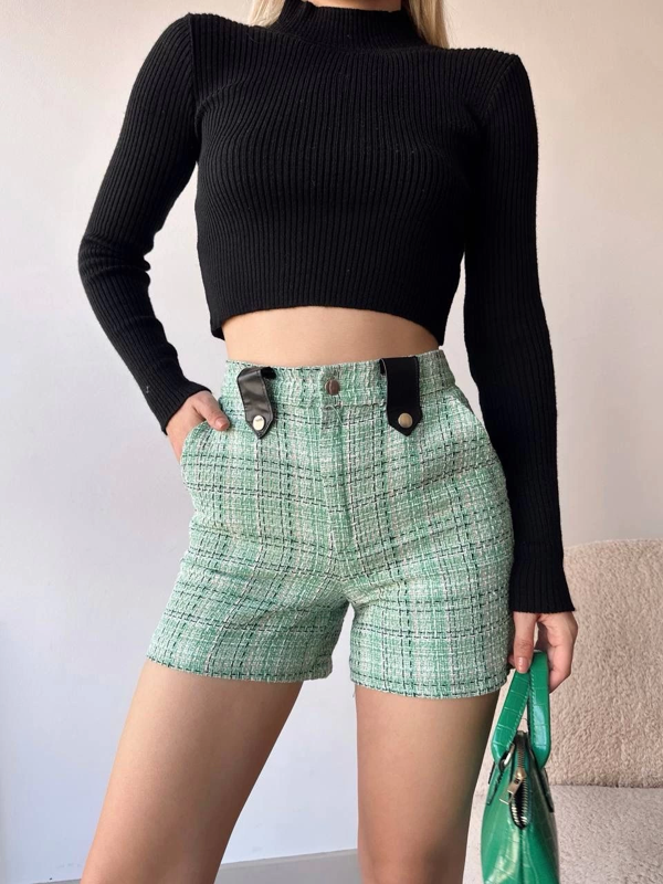 Çıtçıtlı siyah köprü tüvit şort yeşil - Image 1