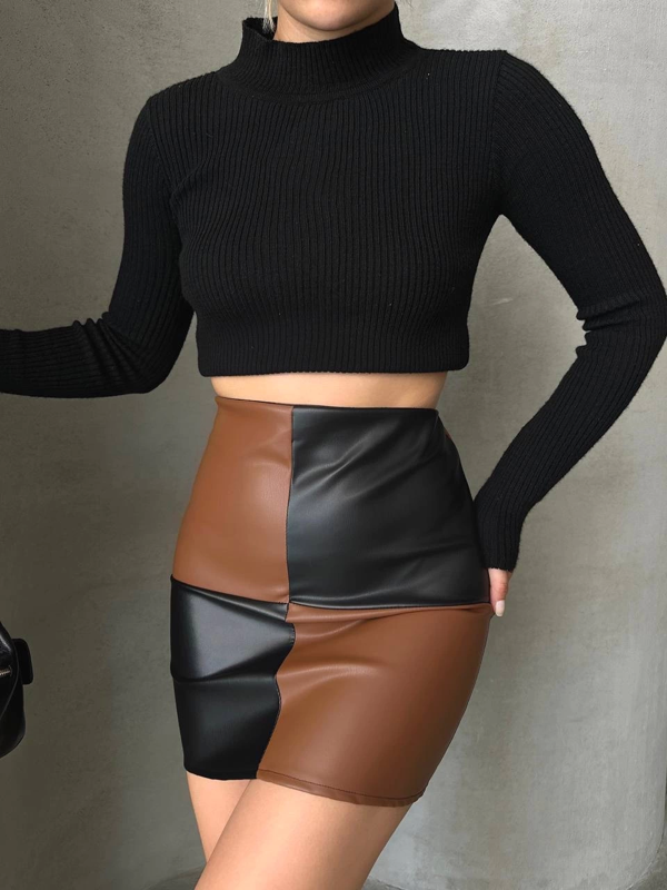 Damalı deri etek siyah kahve w24648 - Image 1