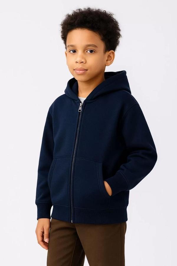 Erkek Çocuk Kapüşonlu Kanguru Çepli  Tam Fermuarlı Hırka SweatShirt - Lacivert - Image 1