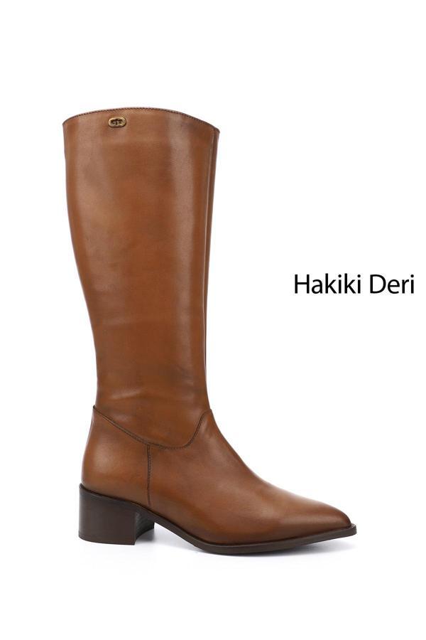 Kadın Taba Sivri Burun Kalın Topuklu Hakiki Deri Çizme - Image 1