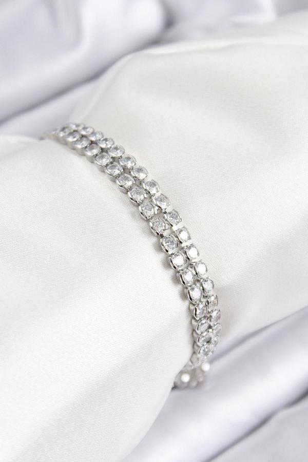 Pirinç Zirkon Taşlı Çift Sıra Model Gümüş Renk Asansörlü Kadın Bileklik - Image 1