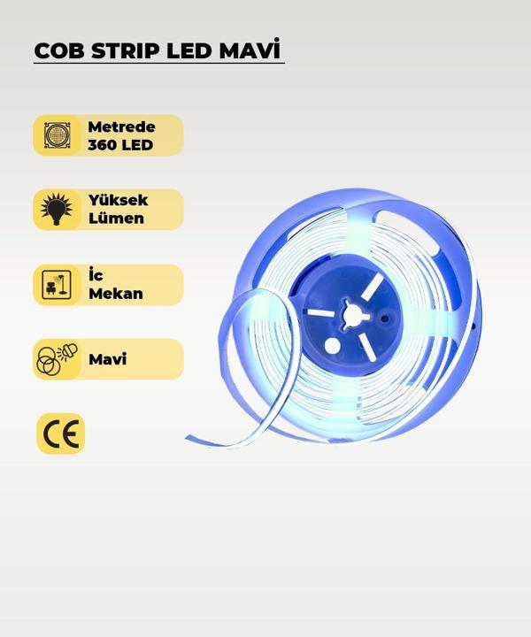 12V COB Şerit Led Mavi Işık  - Metrede 360 Led - 5 Metre - Image 1