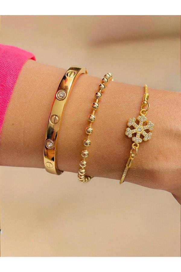 Xesha Altın Kaplama 3 Lü Kombin Bileklik Seti Gold Renk Kadın Zincir Bilezik Künye Asansör - Image 1