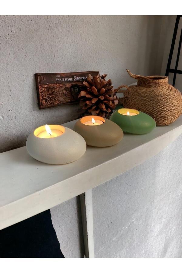 Three Drops Beton Tealight Mumluk 3'lü Set | Alaçatı-Vizon-Avokado | - Image 1