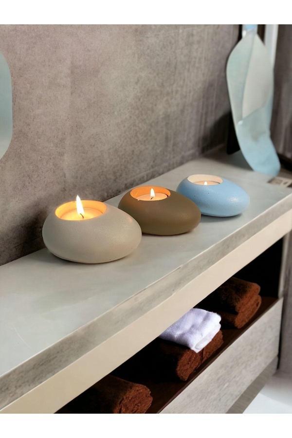 Three Drops Minimal Dekoratif Beton Tealight Mumluk 3'lü Set [ Alaçatı-Vizon-Baby Blue ] - Image 1