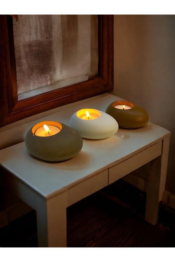 Three Drops Minimal Dekoratif Beton Tealight Mumluk 3'lü Set [ Vizon-Beyaz-Karamel ] - Image 1