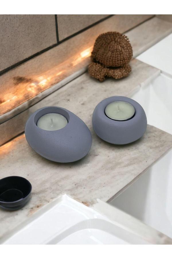 Drop&spot Minimal Dekoratif Beton Tealight Mumluk 2'li Set Gri - Image 1