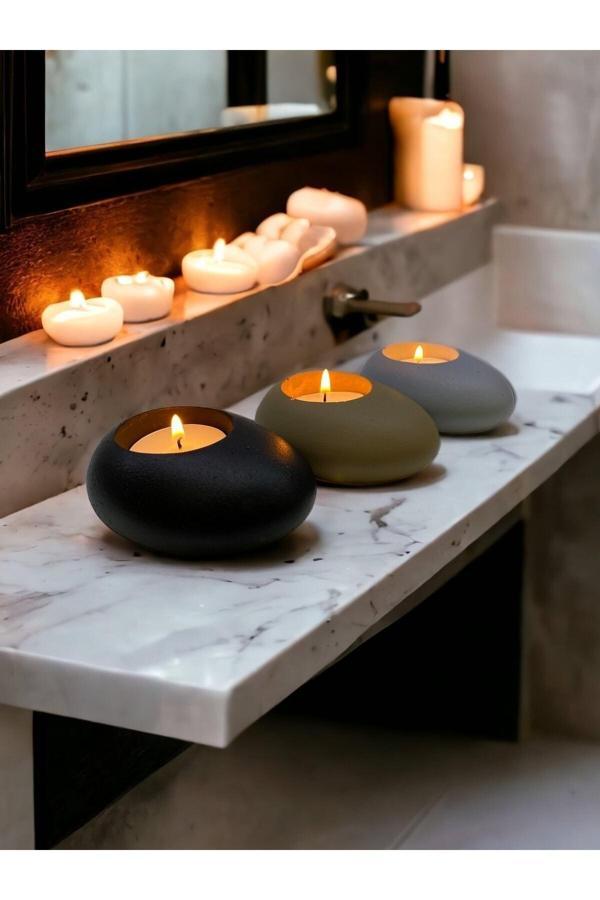 Three Drops Minimal Dekoratif Beton Tealight Mumluk 3'lü Set | Siyah-Vizon-Gri | - Image 1