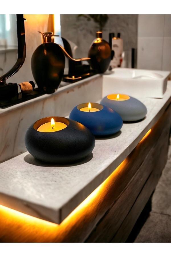 Three Drops Minimal Dekoratif Beton Tealight Mumluk 3'lü Set | Siyah-Mavi-Gri | - Image 1