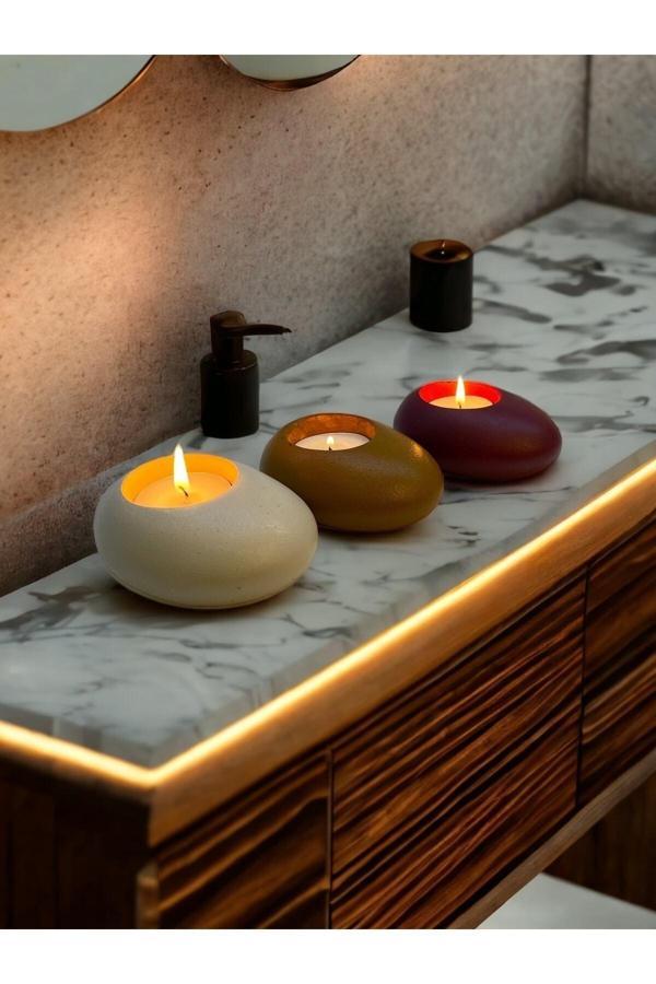 Three Drops Minimal Dekoratif Beton Tealight Mumluk 3'lü Set - Image 1