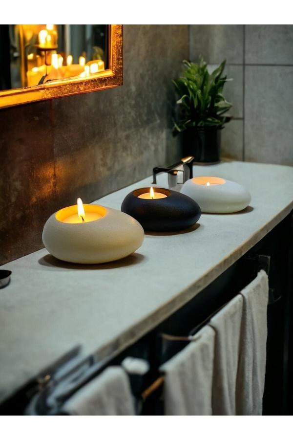 Minimal Dekoratif Beton Tealight Mumluk 3'lü Set | Alaçatı-Siyah-Beyaz | - Image 1