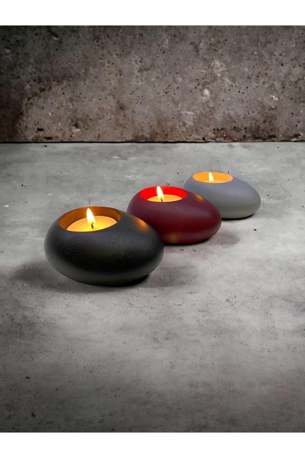 Three Drops Minimal Dekoratif Beton Tealight Mumluk 3'lü Set | Siyah-Bordo-Gri | - Image 1