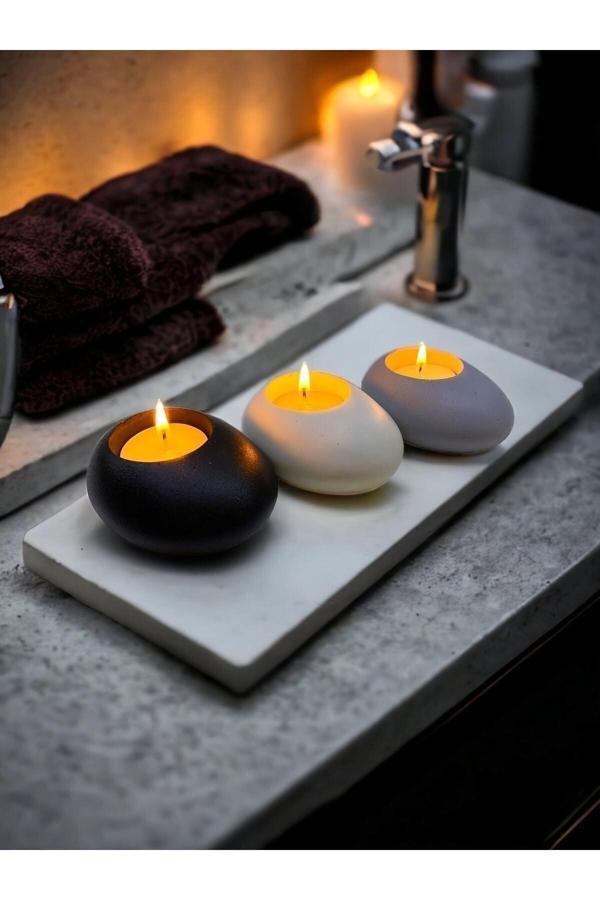 Three Drops Minimal Dekoratif Beton Tealight Mumluk 3'lü Set [ Siyah-Beyaz-Gri ] - Image 1