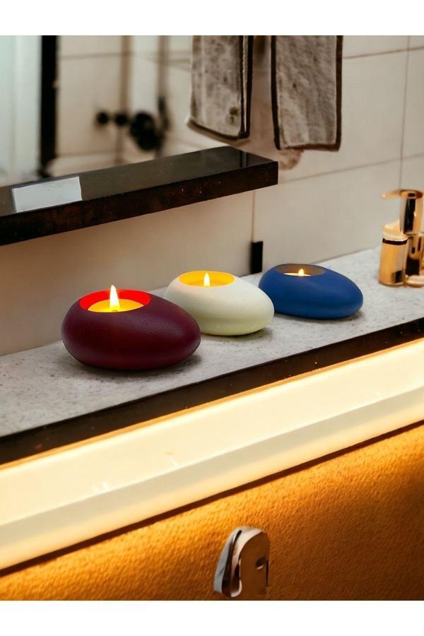 Three Drops Minimal Dekoratif Beton Tealight Mumluk 3'lü Set [ Bordo-Beyaz-Mavi ] - Image 1