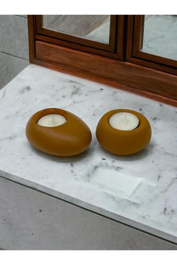 Drop&Spot Minimal Dekoratif Beton Tealight Mumluk 2'li Set Karamel - Image 1