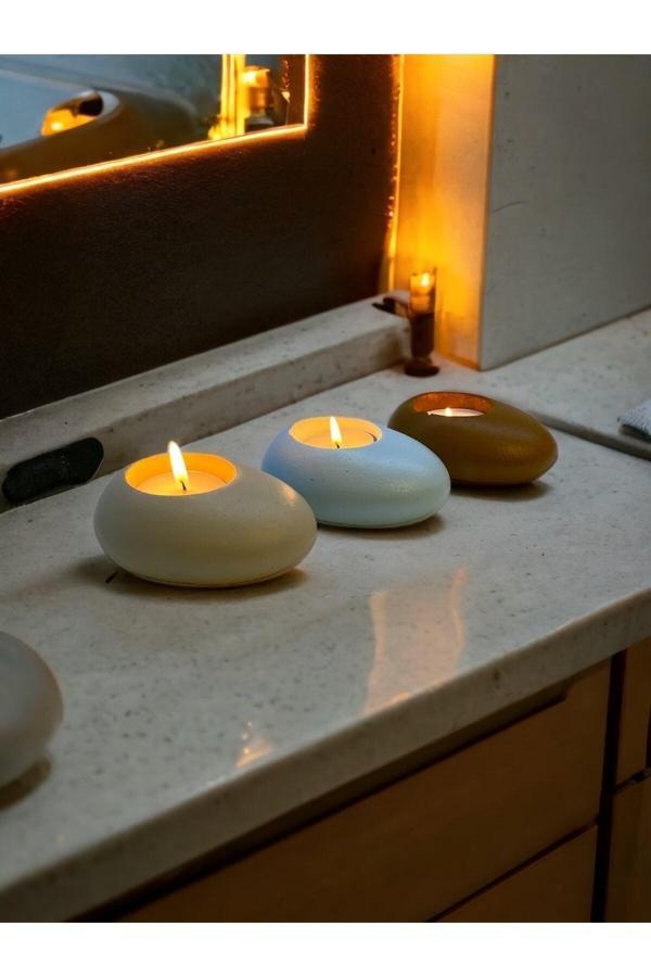 Three Drops Dekoratif Beton Tealight Mumluk 3'lü Set | Alaçatı-Baby Blue-Karamel | - Image 1