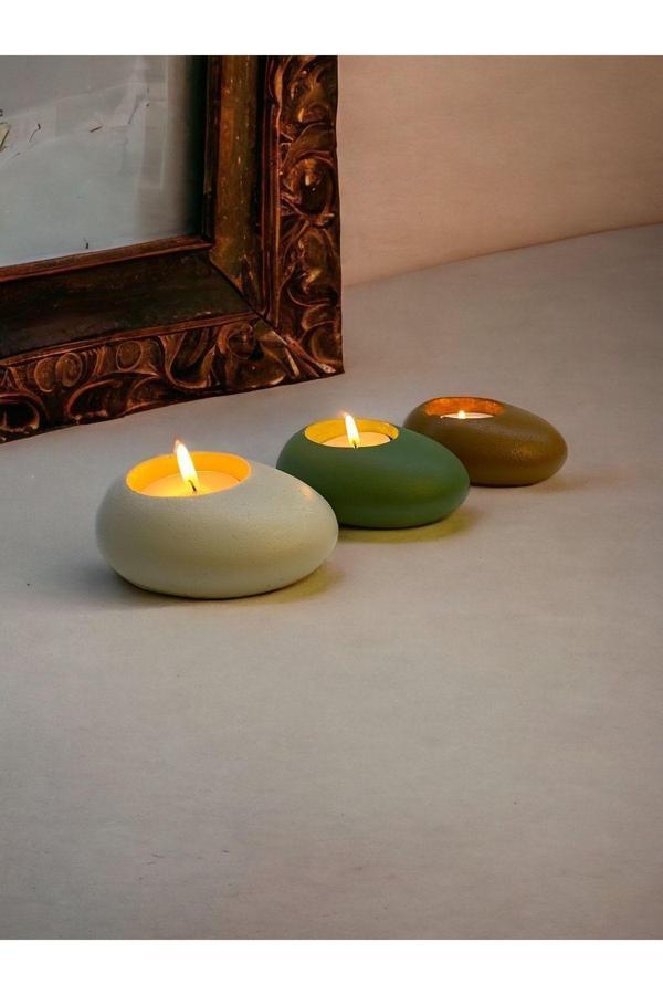 Three Drops Beton Tealight Mumluk 3'lü Set | Alaçatı-Avokado-Karamel | - Image 1