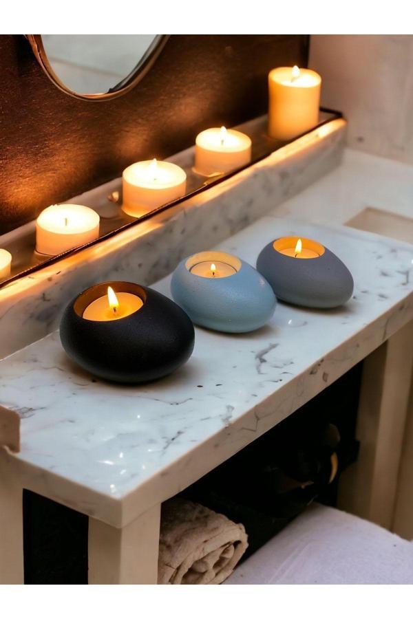 Three Drops Minimal Dekoratif Beton Tealight Mumluk 3'lü Set [ Siyah-Baby Blue-Gri ] - Image 1