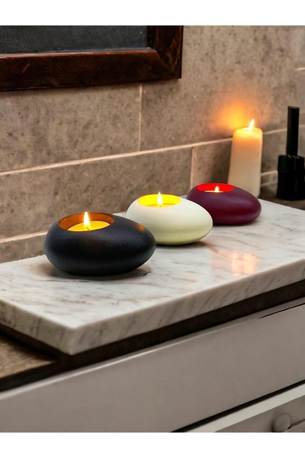 Three Drops Minimal Dekoratif Beton Tealight Mumluk 3'lü Set [ Siyah-Beyaz-Bordo ] - Image 1