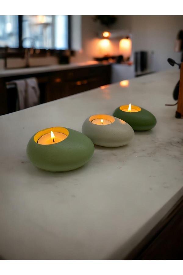 Three Drops Minimal Dekoratif Beton Tealight Mumluk 3'lü Set |Mint Yeşil-Alaçatı-Avokado| - Image 1
