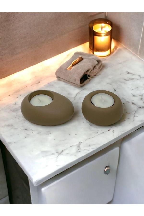 Drop&Spot Minimal Dekoratif Beton Tealight Mumluk 2'li Set Vizon - Image 1