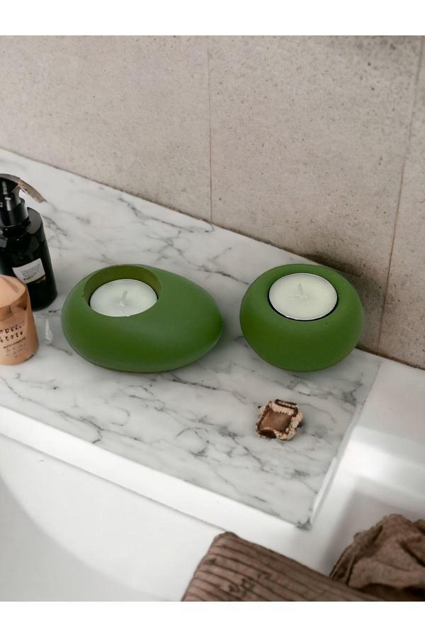 Drop&Spot Minimal Dekoratif Beton Tealight Mumluk 2'li Set Yeşil - Image 1