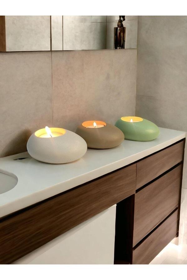 Three Drops Minimal Dekoratif Beton Tealight Mumluk 3'lü Set [ Alaçatı-Vizon-Mint Yeşil ] - Image 1
