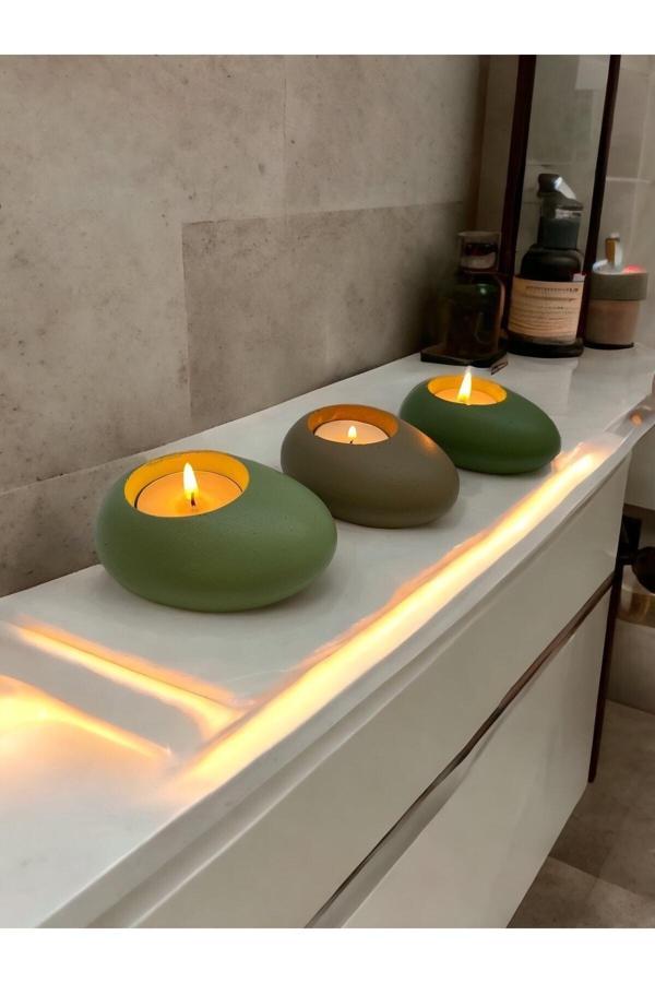 Three Drops Minimal Dekoratif Beton Tealight Mumluk 3'lü Set | Mint Yeşil-Vizon-Avokado | - Image 1
