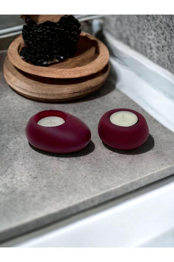 Drop&Spot Minimal Dekoratif Beton Tealight Mumluk 2'li Set Bordo - Image 1