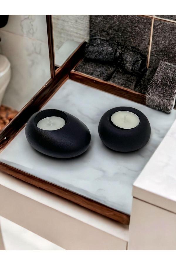 Drop&spot Minimal Dekoratif Beton Tealight Mumluk 2'li Set Siyah - Image 1