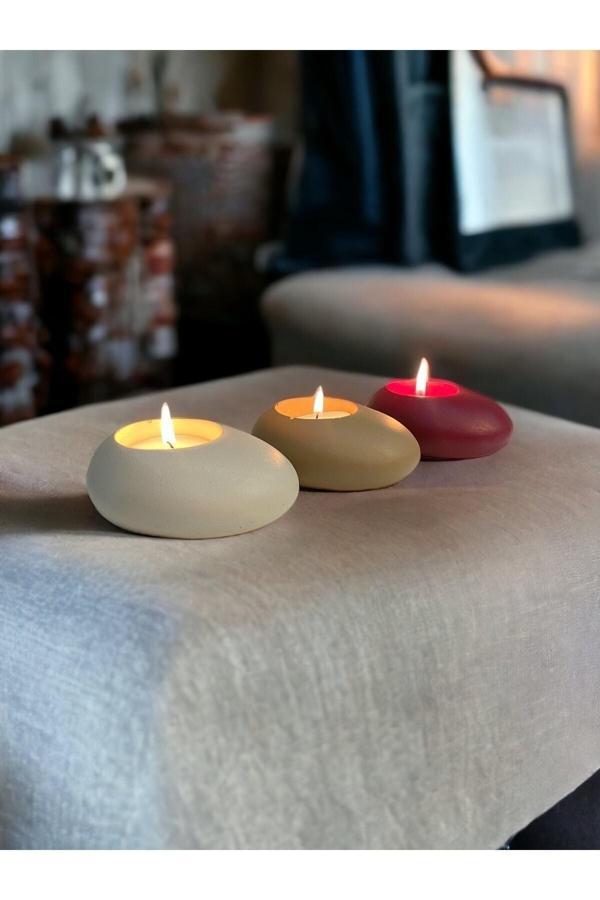 Three Drops Beton Tealight Mumluk 3'lü Set | Alaçatı-Vizon-Bordo | - Image 1