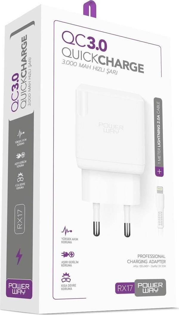 POWERWAY 3 AMPER LİGHTNİNG QC 3.0 ŞARJ ALETİ RX17 - Image 1