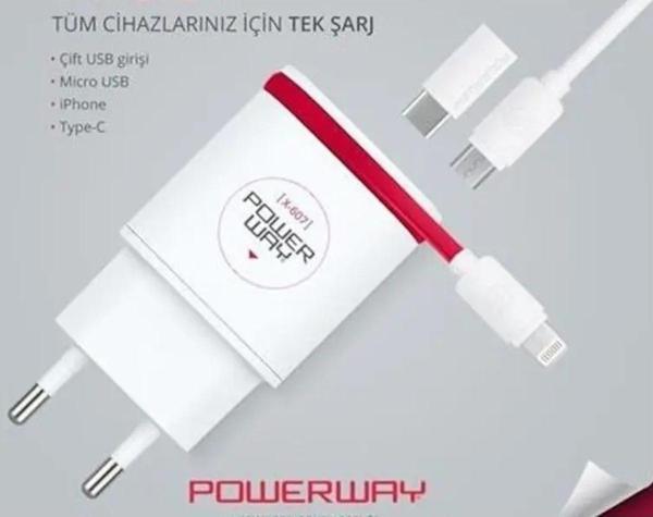 Powerway X-607 Type c-Micro-Lightning 3 in 1 2.1 amper şarj aleti - Image 1